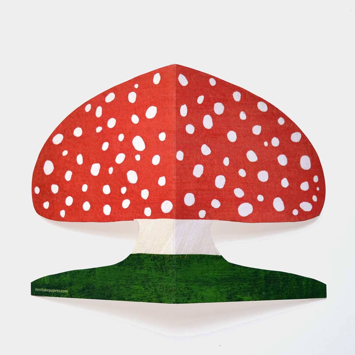 Kort featuring a red fly agaric mushroom illustration, designed by Mortlake Papers on a decorative card.