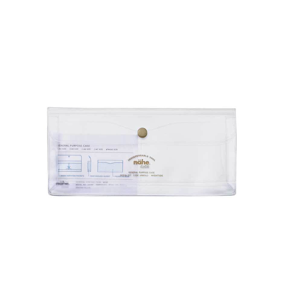 Transparent general purpose pencil case by Nähe Hightide with multiple compartments for stationery storage.