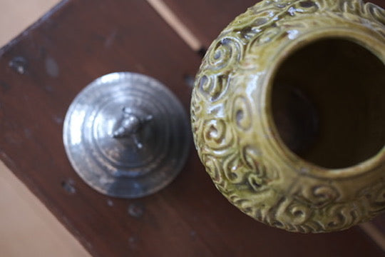 Vintage • Lågkrukke • Keramik • Lime og grøn