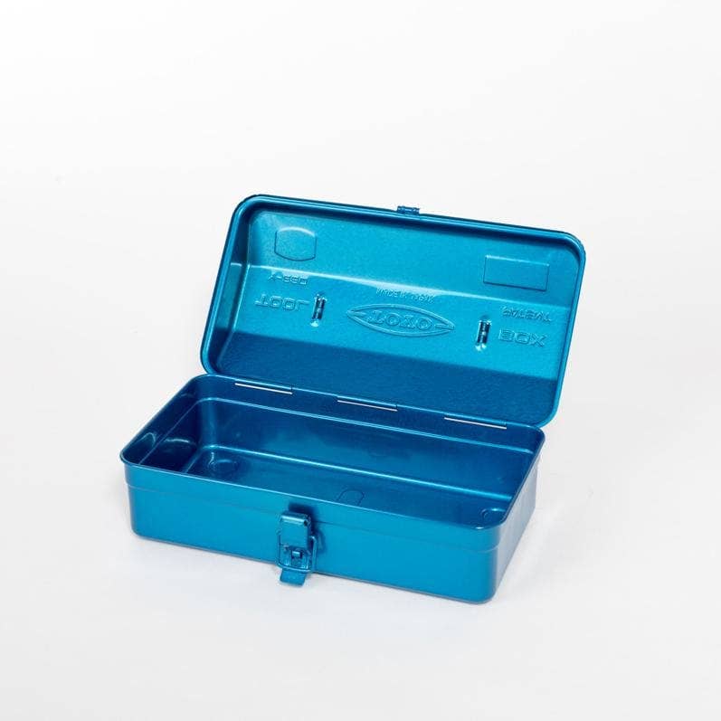 Blue Toyo Steel Co. Ltd storage box with lid, rectangular shape, made for organizing and storing household items.
