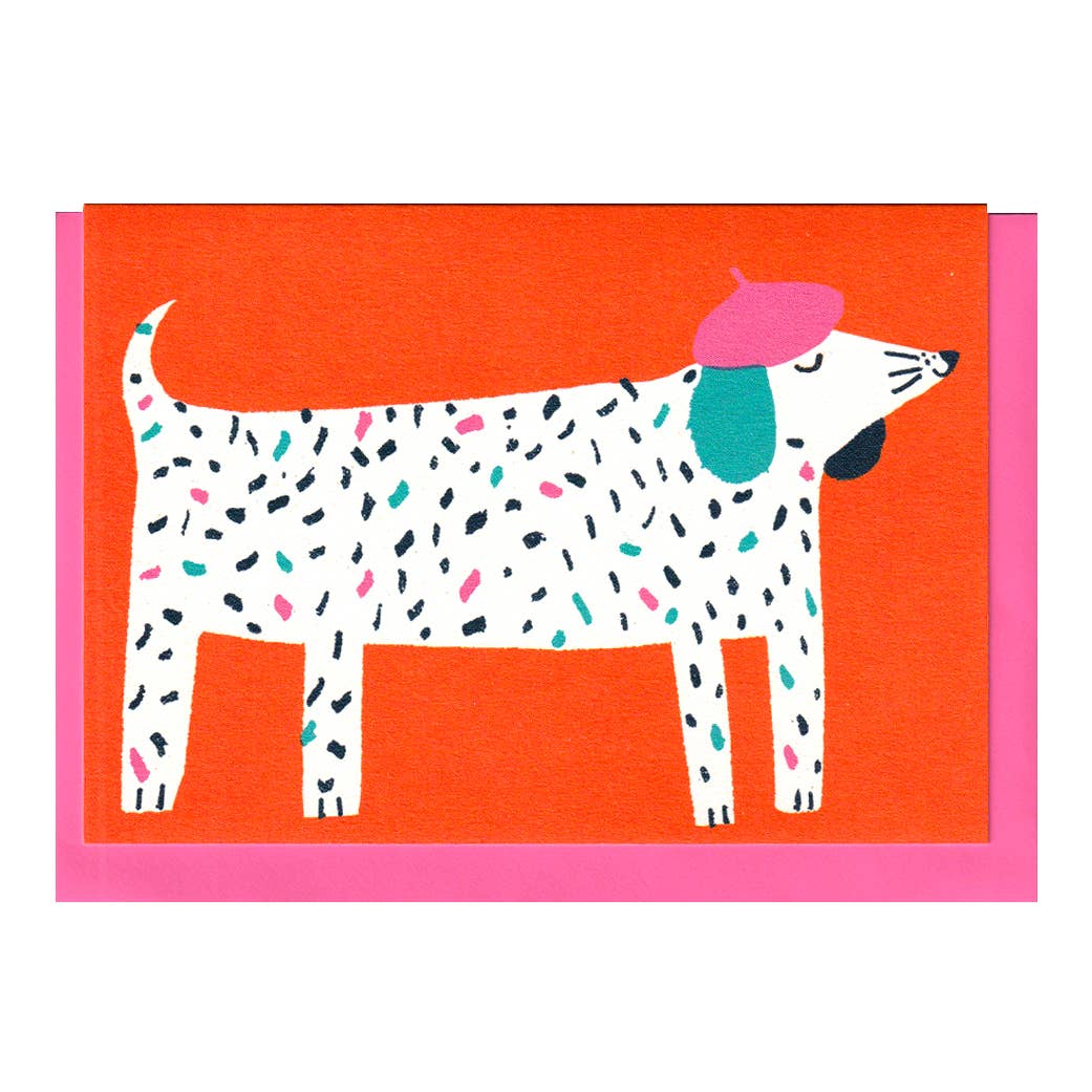 Dog wearing a hat on a printed greeting card from The Printed Peanut, showcasing a cute and whimsical design.