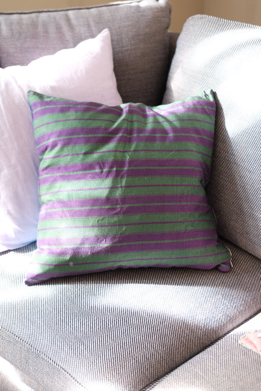 Silk pillow • Handwoven Raw silk • Purple and Green • Stripes