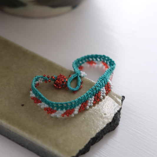 Lace Bracelet • Stripes • Turquoise with orange and white pearls