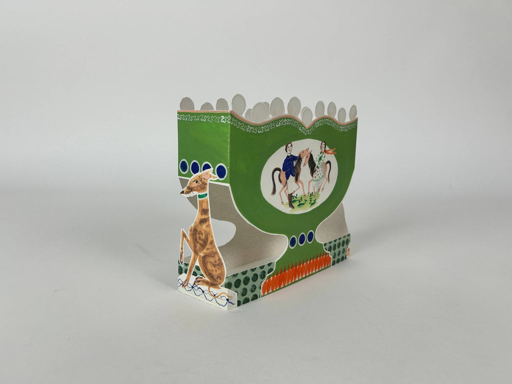 Art Angels greeting card featuring horses on a vase illustration, showcasing vibrant colors and artistic design.