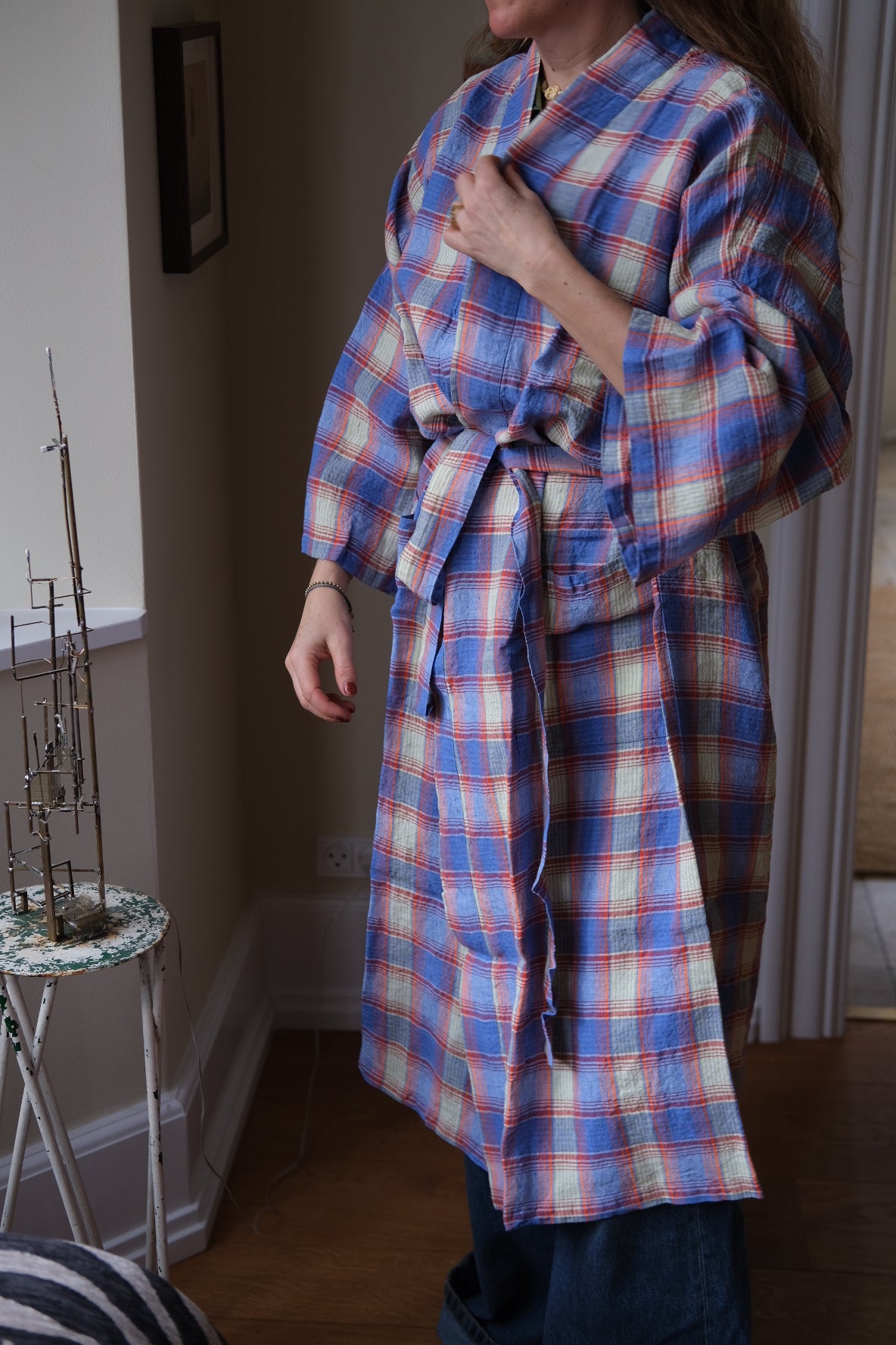 Blå ternet kimono i ekossais design fra Linge Particulier, XL-størrelse, let sommerkimono med blødt stof.