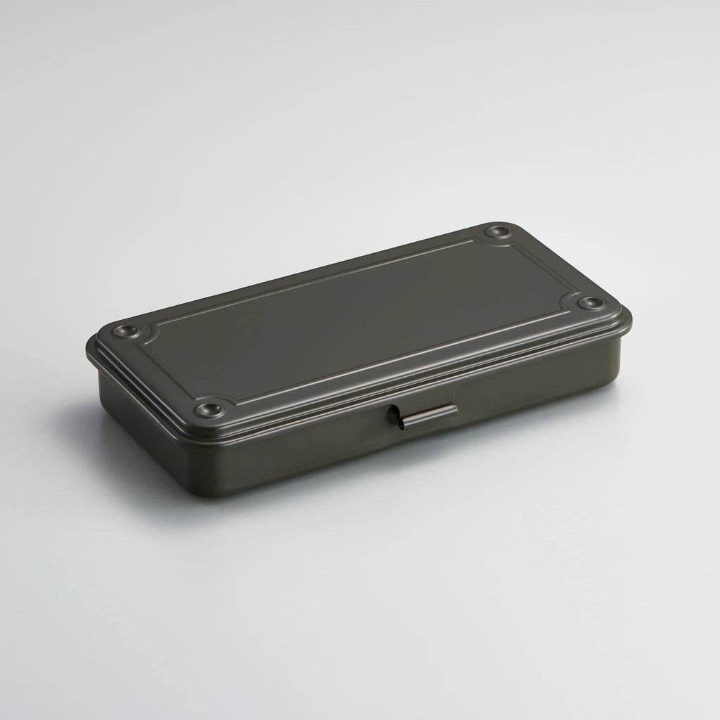 Gray Toyo Steel Co. Ltd storage box, model T192, made of durable material, shown in a clean, organized setting.