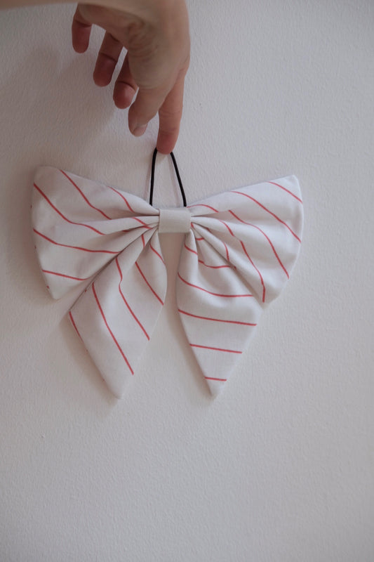 Hair ornament • Bow • Handmade • White with Red Stripe