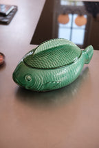 Vintage green terrin by Fisk, Sarreguemines, featuring elegant design and intricate detailing.