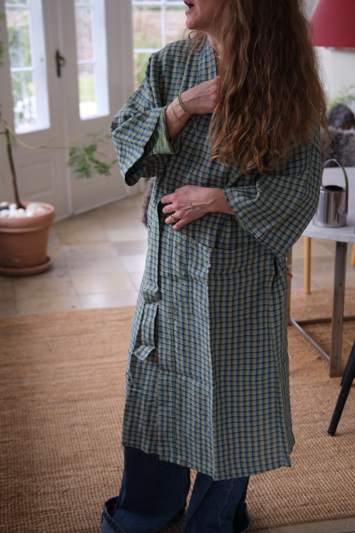 Linge Particulier kimono i XL med grønne tern og carreaux vert print, blødt stof og afslappet stil.