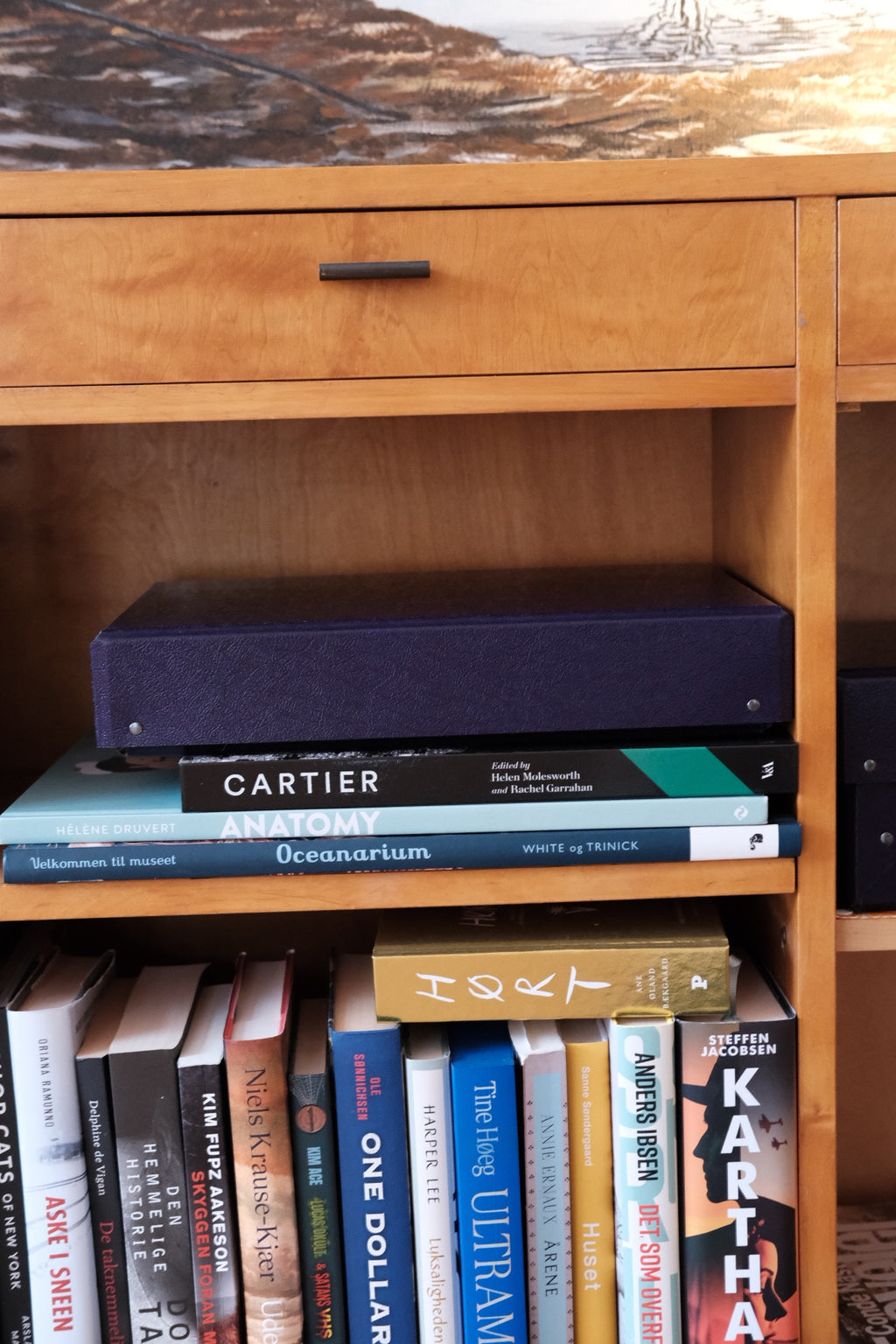 Dark purple ELVO DORA A4 storage box, low-profile plastic container for organizing documents and supplies.