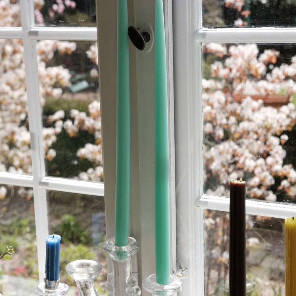 Mint-colored hand-dipped stearin candle, 45 cm tall, from Kunstindustrien, displayed upright with a smooth, tapered shape.
