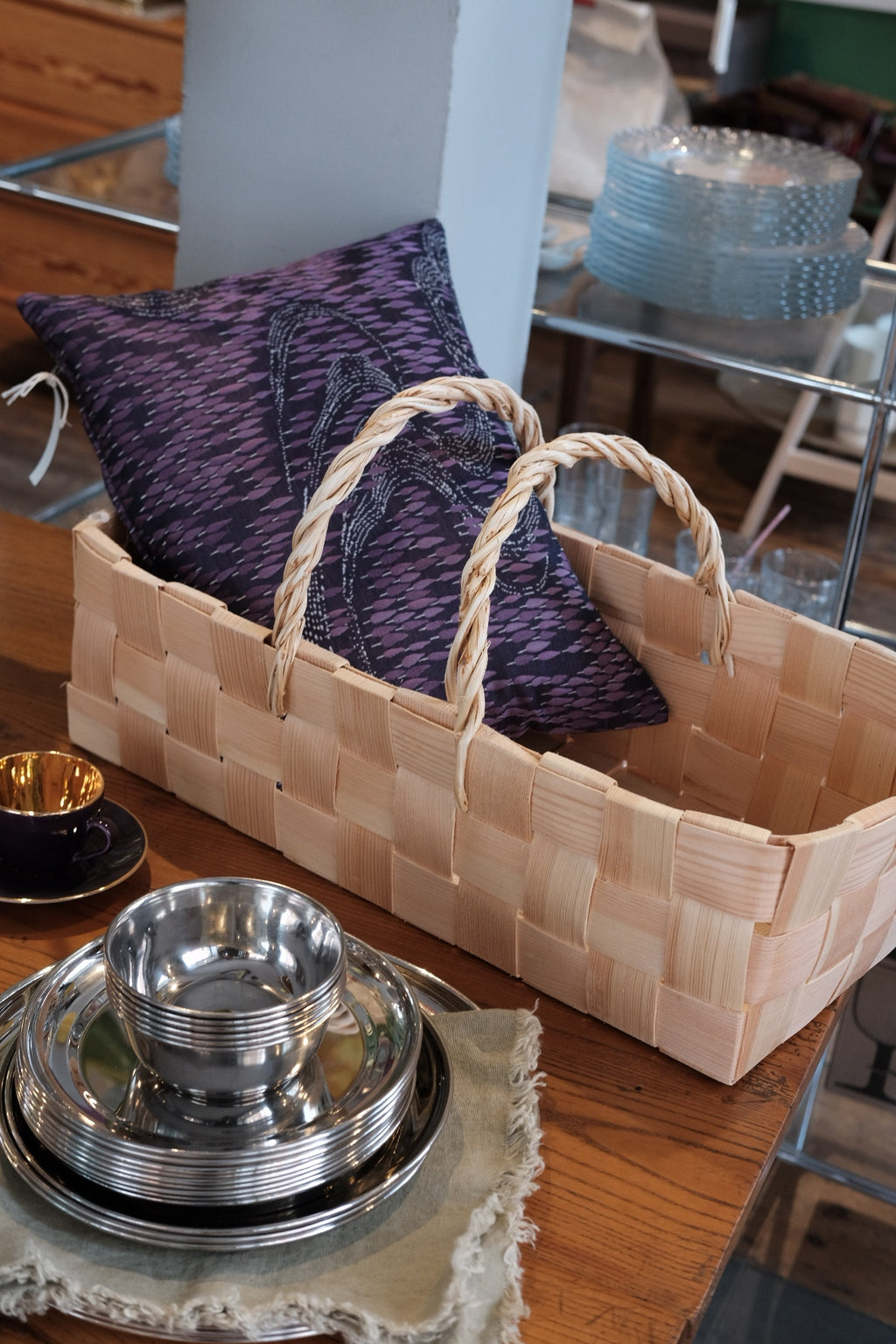 Kurv • Opbevaring med håndtag • Pinjetræ