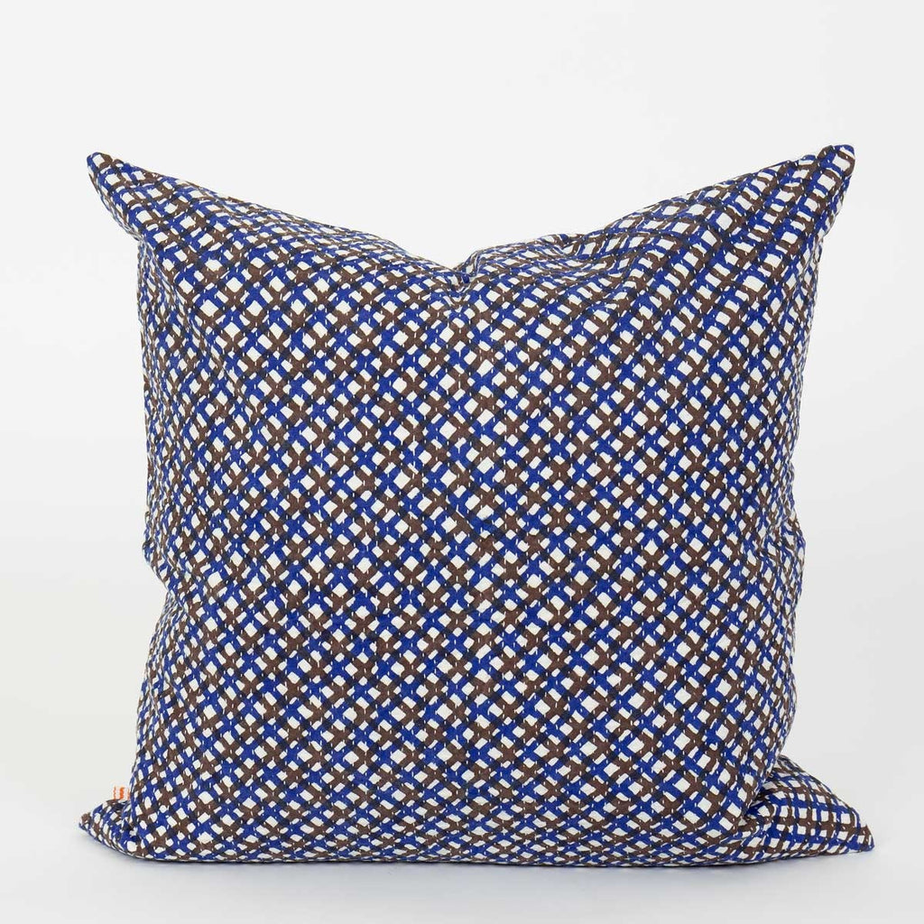Blue and brown plaid cotton throw pillow from A World of Craft with 50x50 cm size and tartan pattern.