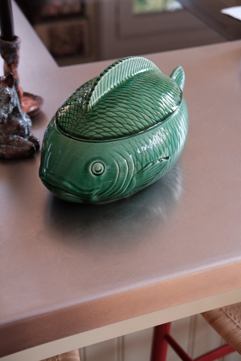 Vintage terrin in green by Fisk, Sarreguemines, showcasing elegant design and classic charm.