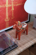Vintage red Dalahest wooden horse, 34 cm tall, hand-painted by DORA VINTAGE, showcasing intricate details and craftsmanship.