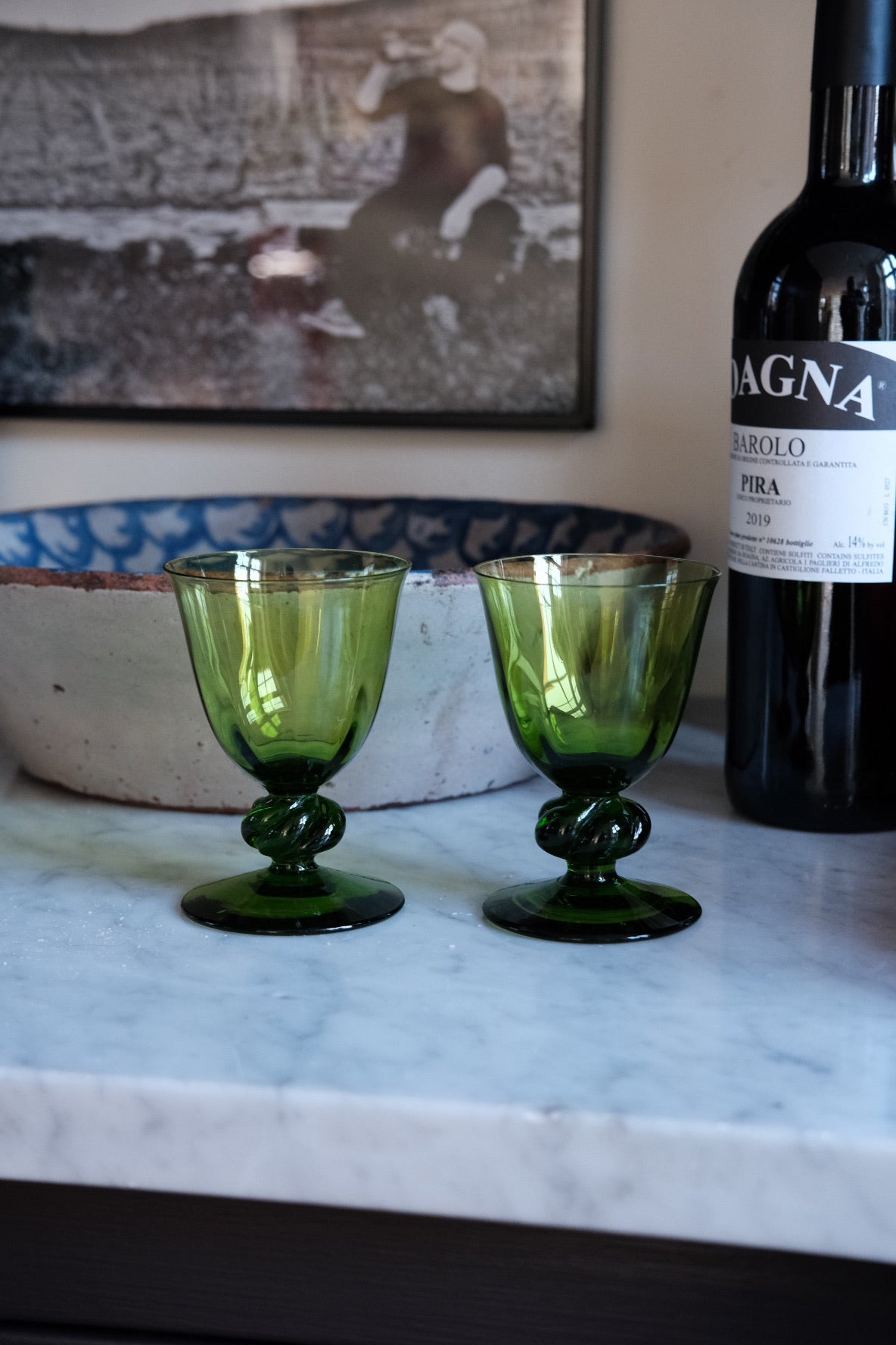 Vintage • Glas med fod • Hvidvin • Grønne