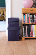 Dark purple ELVO DORA A4 storage box, low profile, with a sturdy lid for organizing documents and supplies.