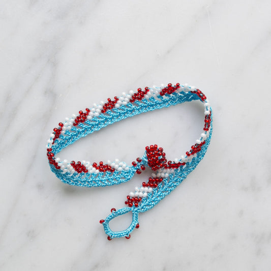 Lace Bracelet • Stripes • Light blue with red and white beads
