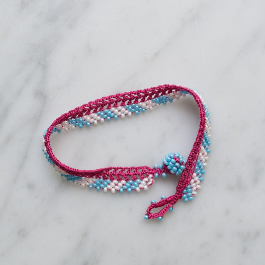 Lace Bracelet • Stripes • Pink with light blue and white beads
