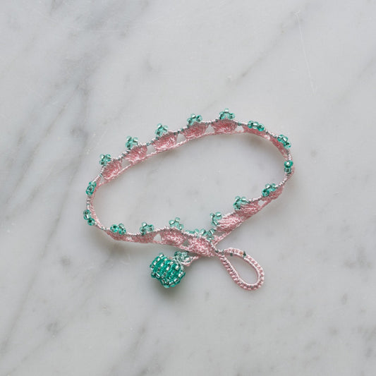 Lace Bracelet • Crown • Pink with jade green beads