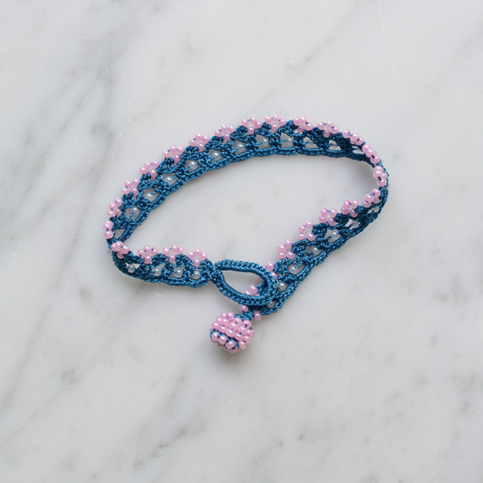 Lace Bracelet • Meadow • Blue with Pink beads