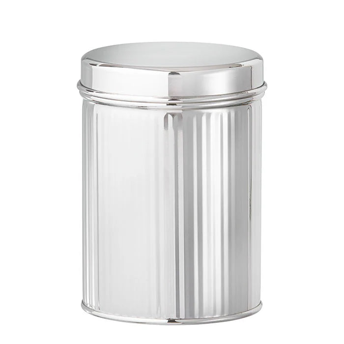 Rund Bungalow dåse lavet af tin, med en glat overflade og metallåg, velegnet til opbevaring og opbevaringsformål
