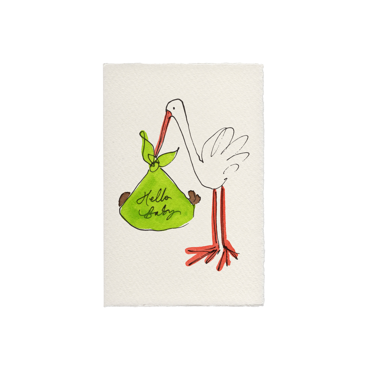 Scribble & Daub-kort med en fin stork i brune og grønne toner og teksten “hello baby”
