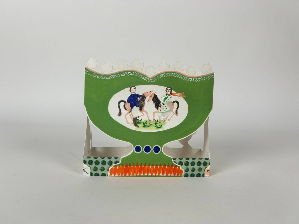 Art Angels greeting card featuring colorful horses on a vase design, showcasing vibrant artwork and detailed illustration.