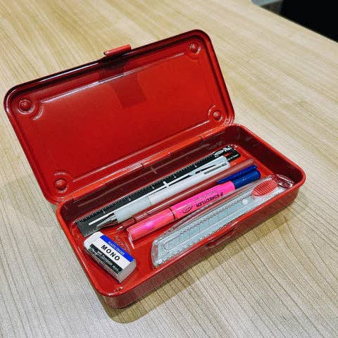 Gray Toyo Steel Co. Ltd storage box with lid, sturdy plastic container for organizing household or office items.