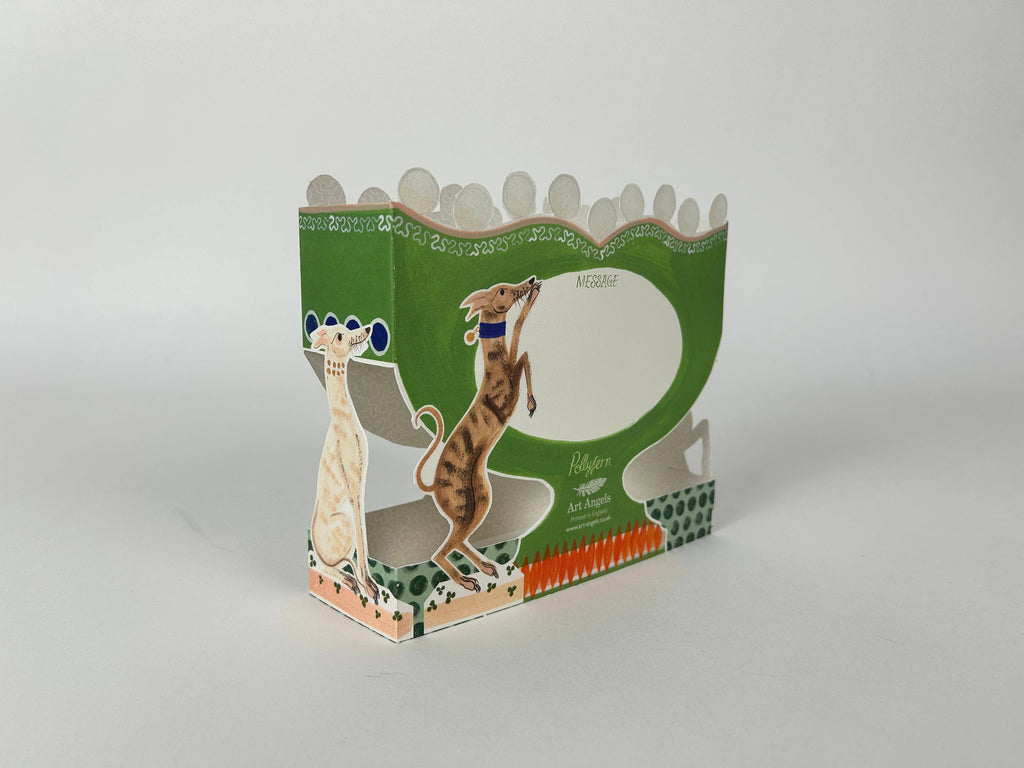 Art Angels greeting card featuring horses on a vase design, showcasing colorful artwork and intricate details.