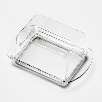 Clear glass butter dish by Heim Söhne with a lid, showcasing a small, elegant container for serving butter.
