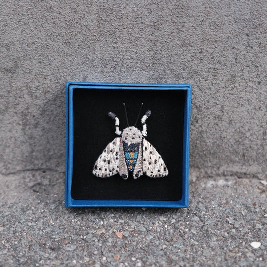 Hand-embroidered Brooch • White and Blue • Moth